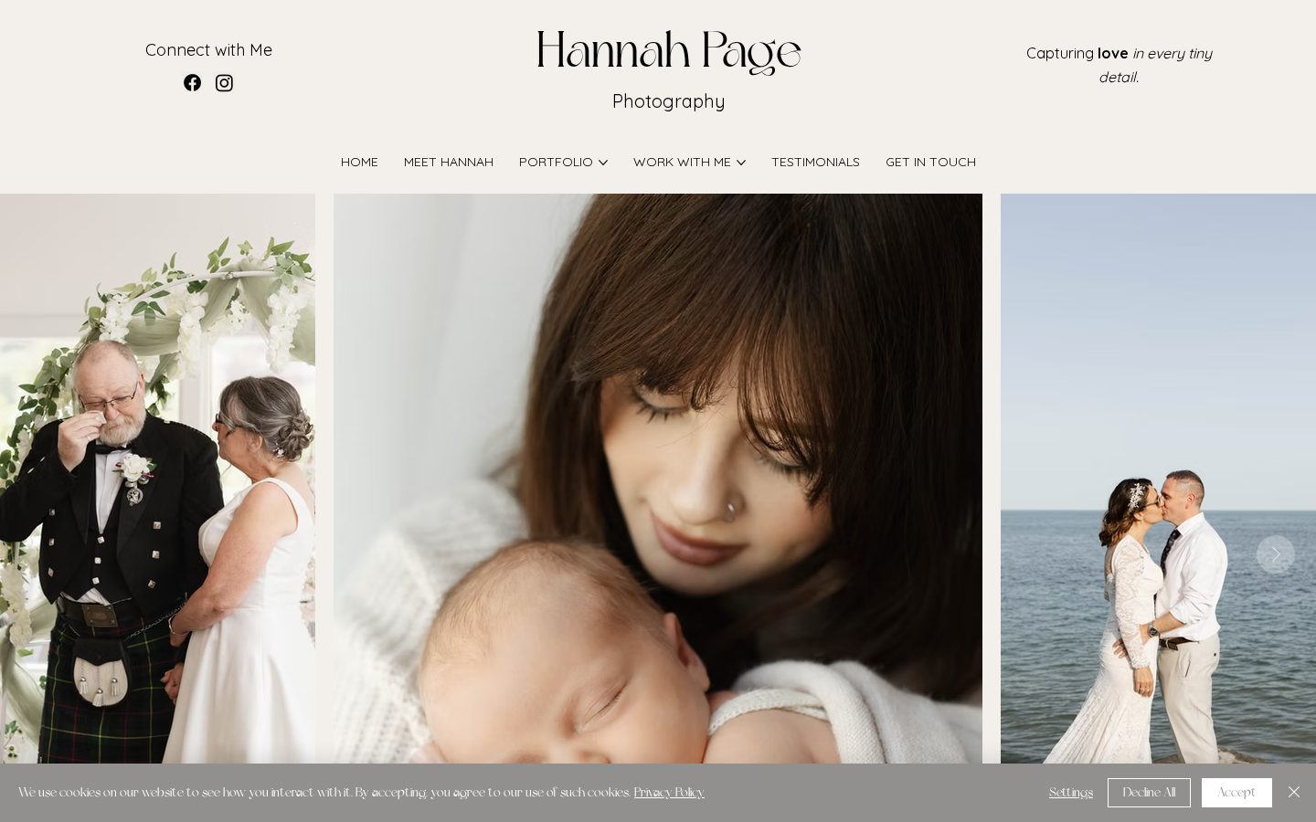 The Hannah Page Photography website shown on desktop